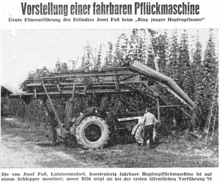 Vorstellung einer fahrbaren Pflückmaschine: Erste Filmvorführung des Erfinders Josef Fuß beim „Ring junger Hopfenpflanzer“